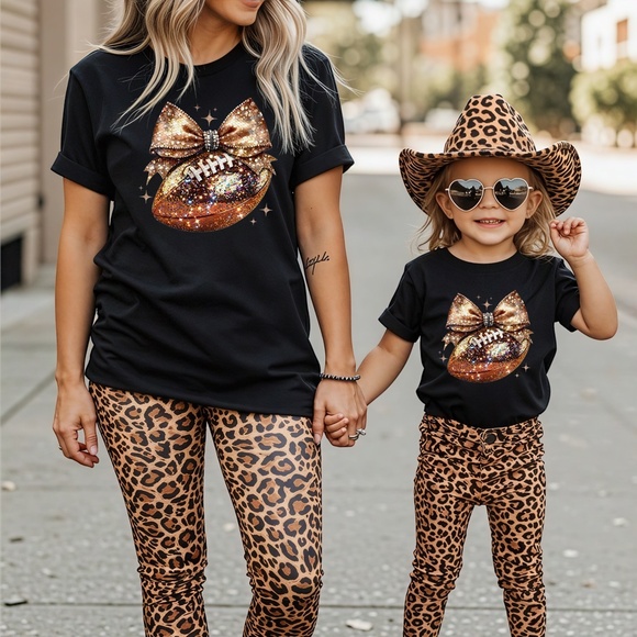 🏈 Sparkle & Spike: Gold Glitter Football Bow t-shirt. Touch down game ready - Picture 12 of 15